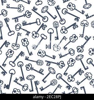 Decorative old keys seamless pattern with gray silhouettes of medieval skeleton keys, adorned by forged elements on white background. May be use as vi Stock Vector