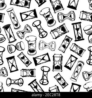 Seamless retro stylized hourglasses background with black and white ornament of abstract sandglasses with decorative stands. Interior design or deadli Stock Vector