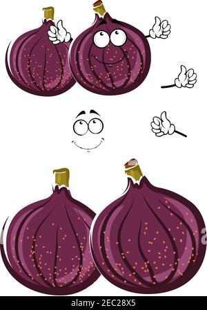 Luscious fresh cartoon deep violet common fig fruits with cute smiling face. Sweet exotic fruit character for vegetarian dessert, agriculture harvest Stock Vector
