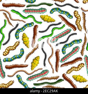 Cartoon seamless colorful worms, caterpillars, lavras and centipedes pattern with green, yellow and brown crawling insects on white background. Use as Stock Vector