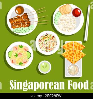 Singaporean national cuisine icon with roti prata bread with tartar sauce, grilled beef satay, served with peanut sauce and cucumbers, vegetable salad Stock Vector