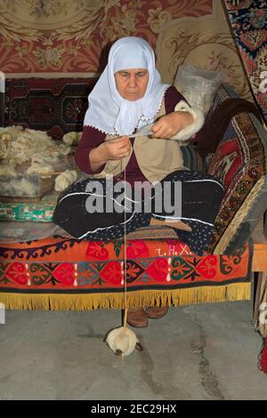 An old woman spinning using a spindle with branches on her back , Older ...