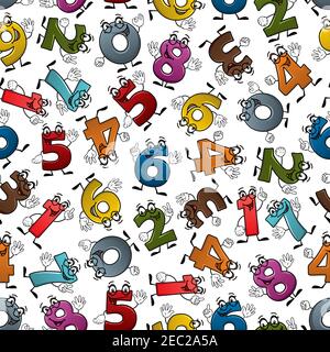 Happy cartoon numbers characters seamless pattern of smiling colorful digits with waving hands, randomly scattered over white background. May be use f Stock Vector