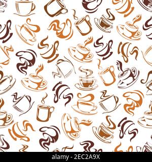 Seamless pattern of coffee in shades of brown colors with elegant glass cups and ceramic mugs of espresso, cappuccino, hot chocolate and latte. Use as Stock Vector