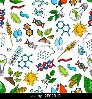 Seamless genetic engineering and agricultural crops pattern with green plants, corn vegetables, wheat ears, DNA and chemical molecules of water, cells Stock Vector