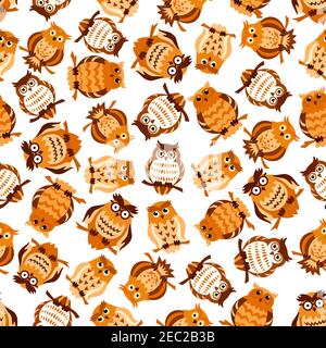 Brown forest birds on branches seamless pattern with old wise horned owls with glasses and funny young amused owlets on white background. Education th Stock Vector