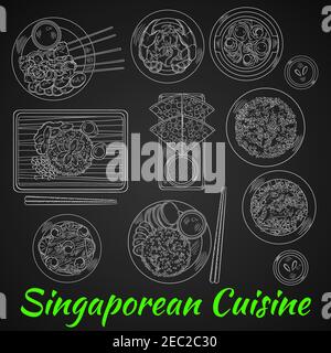 Singaporean dinner chalk sketch on blackboard with chicken rice and chilli crab, flat bread with tartar sauce, grilled beef satay and fried rice with Stock Vector