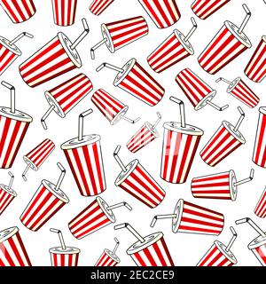 Takeaway soft drinks background with seamless pattern of red and white striped paper cups of sweet soda with caps and drinking straws. Fast food, cafe Stock Vector