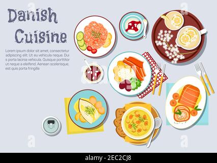 Traditional Christmas dinner of danish cuisine icon with shrimp cocktail, roast pork with crackling and baked apples, fried pork belly, served with ve Stock Vector