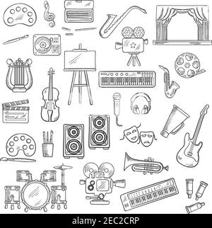 Entertainment themed sketches with palettes, paint brushes and easel, movie cameras and film reel, microphone and musical instruments, theatre scene, Stock Vector