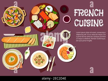 French cheese plate served with grapes and herbs icon, supplemented by baguette, tomato toasts, fig salad, onion soup with cheesy crouton, pasta, topp Stock Vector