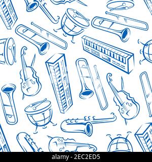 Jazz orchestra musical instruments background with seamless pattern of blue sketchy saxophones, trombones, timpani drums, cellos and synthesizers. May Stock Vector