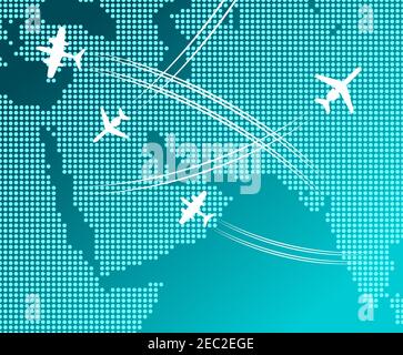 Passenger and cargo airplanes flying in blue sky with white flight tracks over abstract map. May be use as travel by plane concept, business trip or t Stock Vector