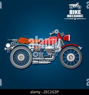 Motorcycle mechanic silhouette symbol with wheels, gas tank, seat, engine, battery and exhaust pipe, gears and cogwheels, absorbers and fork, suspensi Stock Vector