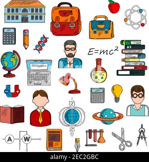 School supplies and teacher with pupils icon for education theme design with colorful sketches of books, calculators, laptop, pencil, backpacks, schoo Stock Vector