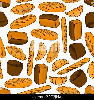 Bread and buns seamless pattern for bakery and pastry shop or kitchen interior design with braided sweet buns and croissants, healthful dark rye and p Stock Vector
