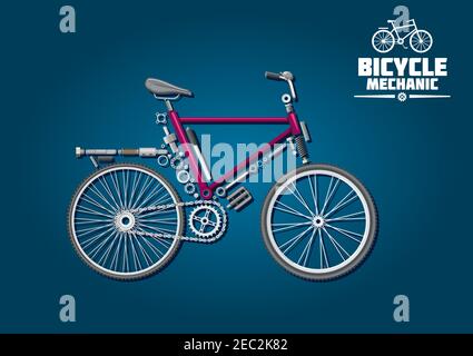 Bicycle mechanics symbol with detailed parts, accessories and powertrain system, arranged into silhouette of a city bike. Great for ecological transpo Stock Vector