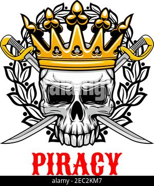 Horrible skull wearing golden crown icon for jolly roger or piracy symbol and king of pirates concept design with crowned old human skull with crossed Stock Vector