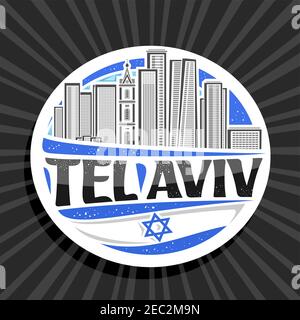 Vector logo for Tel Aviv, white decorative badge with line illustration of famous israeli city scape on day sky background, art design tourist fridge Stock Vector