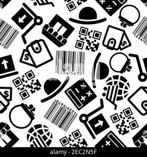 Seamless online shopping pattern with black symbols of bar and qr code, calculator, wallet, globe with cart, store, package delivery and hat over whit Stock Vector