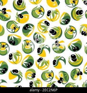 Extra virgin olive oil background with seamless pattern of black olive fruits with green leafy branches and figured jugs of golden oil with drops. Agr Stock Vector