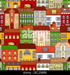 Retro seamless houses of old town streets pattern with sunny colorful facades, vintage forged street lanterns, ladders and awnings, arched windows and Stock Vector