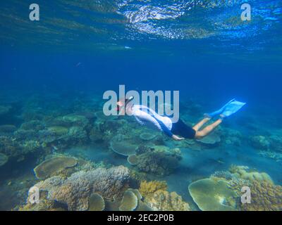 Young man swims underwater. Male snorkel in tropical lagoon undersea photo. Snorkeling in coral reef. Summer holiday activity. Water sport in open sea Stock Photo