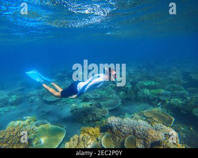 Young snorkel swims underwater. Male snorkel in tropical lagoon undersea photo. Freediving in coral reef. Active summer holiday. Water sport in open s Stock Photo