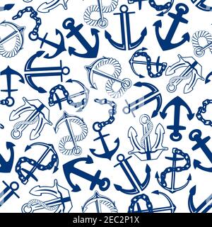 Retro marine anchors with chains and ropes seamless pattern for nautical adventure or vacation themes design with blue admiralty and stockless anchors Stock Vector