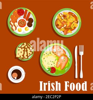 Traditional irish breakfast icon with fried eggs and sausages, baked beans and tomatoes, meat and root vegetables stew, mashed potato topped with boil Stock Vector