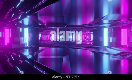 3D illustration of virtual tunnel with neon lights Stock Photo