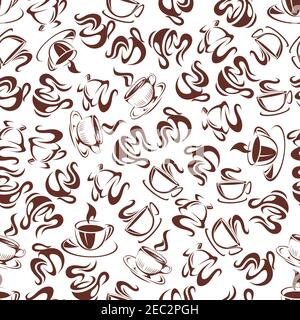 Breakfast coffee seamless pattern with brown cups of fresh brewed coffee, hot chocolate and creamy cappuccino, randomly scattered over white backgroun Stock Vector