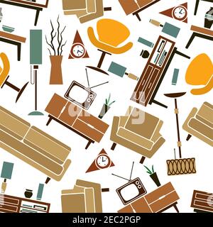 Retro furnitures and interior accessories seamless pattern on white background with randomly scattered sofas, armchairs, chests of drawers, lamps, wal Stock Vector