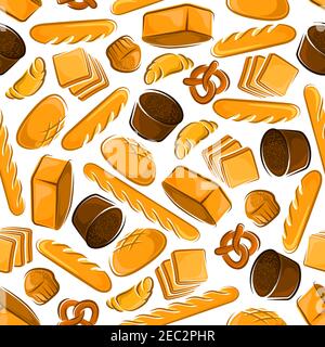 Seamless cartoon fresh baked bread pattern with butter cupcakes, croissants and sweet pretzels, healthfull dark rye and multigrain bread loaves, frenc Stock Vector