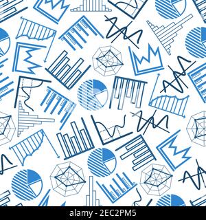 Blue business charts and financial graphs seamless pattern over white background with pie and radar charts, bar and line graphs, histograms and diagra Stock Vector