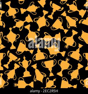 Golden awards seamless pattern on black background with gold trophy cups on high stands with decorative lids and figured handles. Use as winner awardi Stock Vector