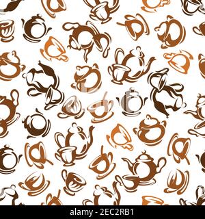Brown and grey tea party retro background with sketch seamless pattern of vintage tea sets composed of teapots, sugar bowls and cups with saucers. Kit Stock Vector