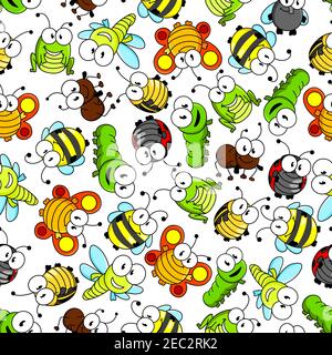 Funny cartoon insects characters seamless pattern with cute little bees and flies, sunny orange butterflies, bright green caterpillars, dragonflies an Stock Vector