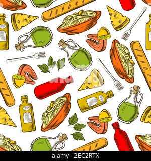 Seamless italian food background with seamless pattern of pasta seasoned with basil leaves and salmon steaks with fresh lemon, bottles of olive oil an Stock Vector