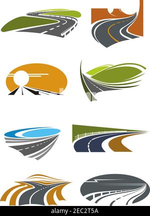 Road landscapes icons for travel theme and car trip design usage with mountain and coastal highways, country and desert roads with steep turns and for Stock Vector