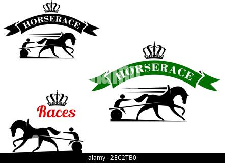 Equestrian sport competition icons for harness racing design template with running horses in horse harness with lightweight two wheeled carts, supplem Stock Vector