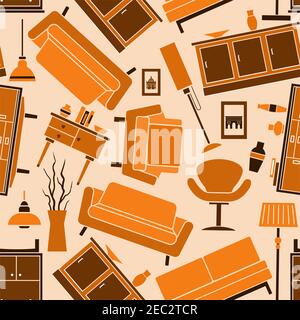 Home furniture background in warm colors with orange and brown seamless pattern of comfortable sofas and armchairs, wooden chests of drawers, vintage Stock Vector