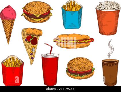 Blue and red boxes of take away french fries sketch icons with hamburger, cheeseburger and hot dog sandwiches, pizza topped with salami and vegetables Stock Vector