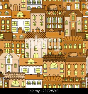 Seamless old town pattern of brown houses with vintage windows, ornamental balconies, ceramic roofs and forged lanterns. Use as architecture, travel b Stock Vector