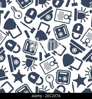 Security and protection seamless pattern with gray symbols of safes, padlocks, keys, web security shields, patents, video surveillance, sheriff stars, Stock Vector
