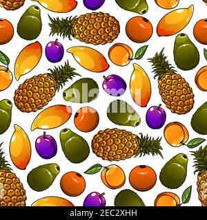 Seamless cartoon pattern of juicy tropical pineapples and mangoes, oranges and avocados, garden plums and peaches fruits over white background. Great Stock Vector