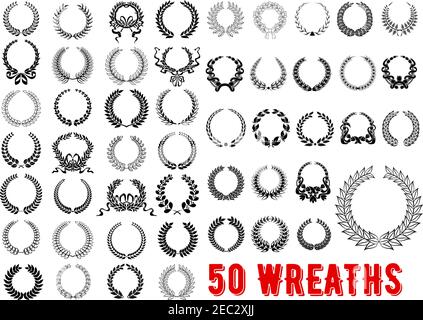 Vintage wreaths heraldic design elements with floral frames made up of laurel and olive branches, wheat ears and flowers, decorated by ribbons and bow Stock Vector