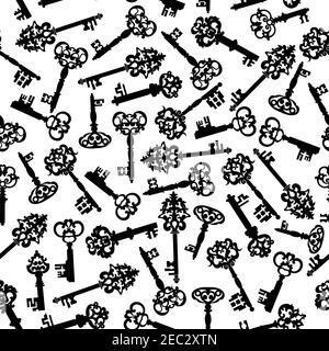 Seamless vintage ornate forged keys pattern on white background with black silhouettes, adorned by florid victorian ornaments. Great for wallpaper or Stock Vector