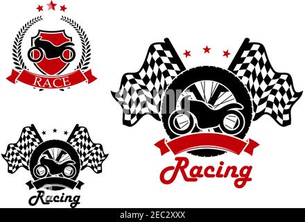 Motorcycle with a tire and race flags on the background and heraldic shield with motorbike icons for motosport and racing design, adorned by black and Stock Vector