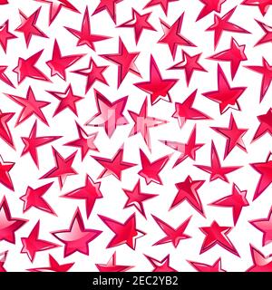 Festive shining stars pattern for celebration party, entertainment themes design with seamless ornament of bright pink glossy stars over white backgro Stock Vector